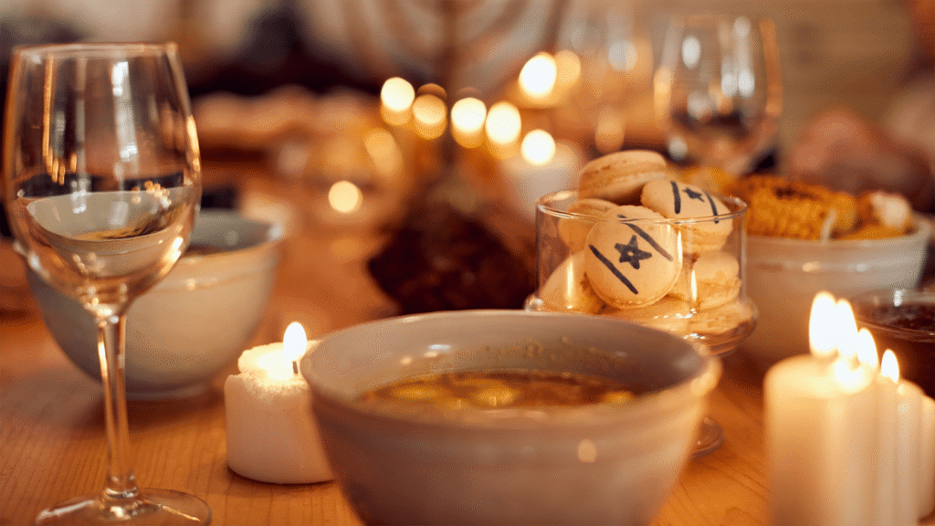 Hanukkah latkes with sparkling wine and traditional festive decor.