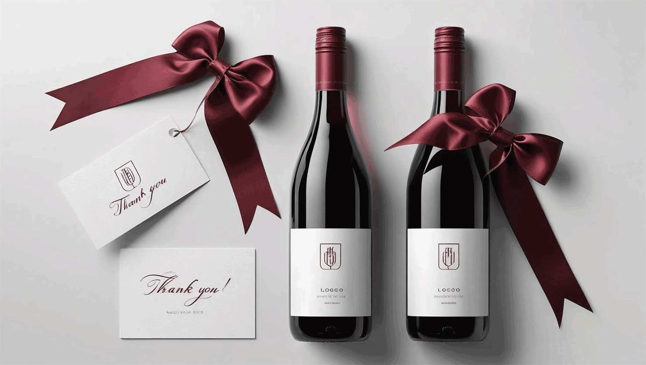 Wine gift etiquette for business setting with thank-you card and wine bottle