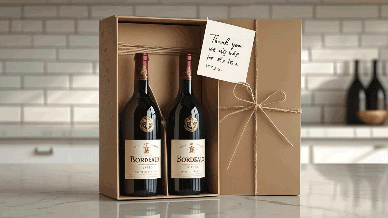 Thank-you wine gift for client referral with handwritten note and wine bottles